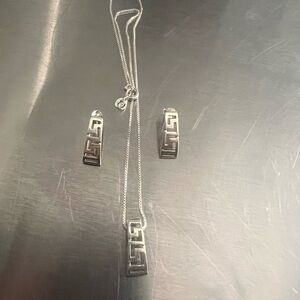 Sterling Silver Greek Key Earring & Necklace on 16” Sterling chain.